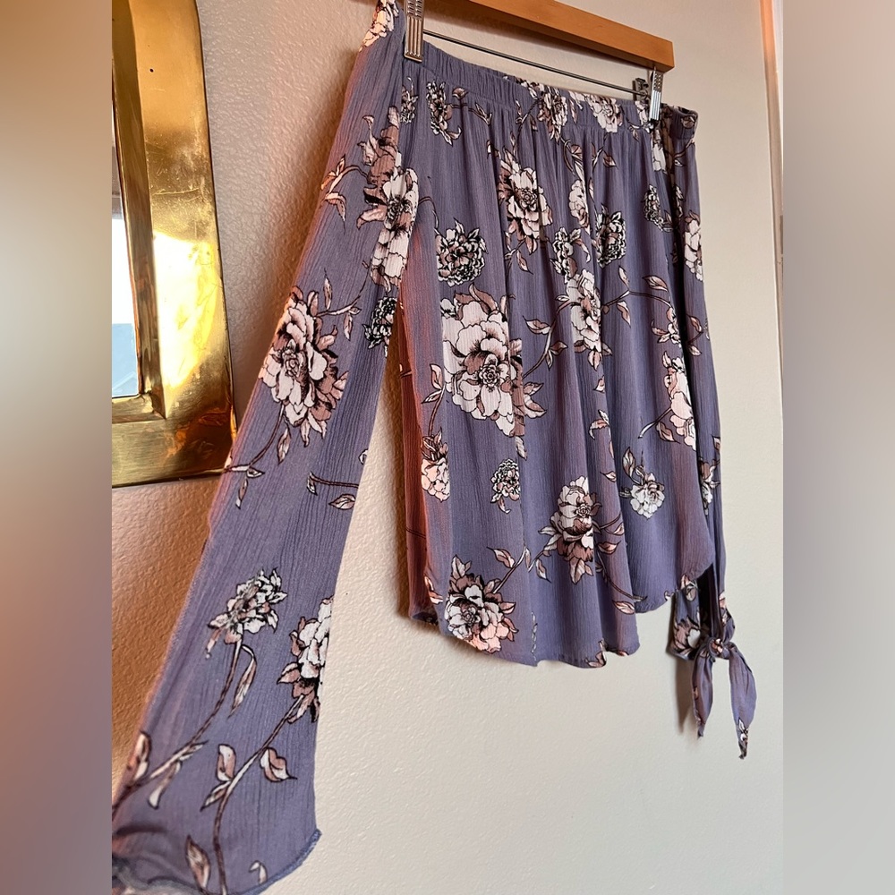 Floral off the shoulder flowy top - long bell sleeves with ties - light purple